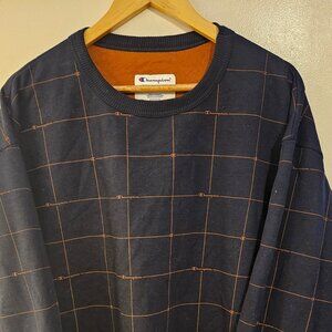 Champion Navy Blue Crewneck Sweatshirt with tan checker outline pattern